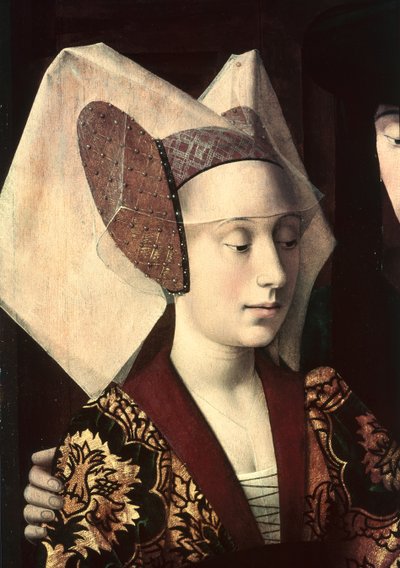 St. Eligius (ca. 588-660) als Goldschmied, der dem verlobten Paar einen Ring zeigt, Detail der Verlobten, 1449 von Petrus Christus